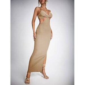Boutique Light Brown Knit Ruched Bust Cut Out Maxi Dress L
